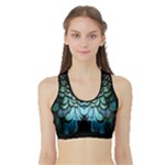 blue and green feather collier Sports Bra with Border
