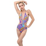 Pop Art Paisley Flowers Ornaments Multicolored 3 Plunging Cut Out Swimsuit