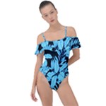 Blue Winter Tropical Floral Watercolor Frill Detail One Piece Swimsuit