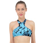 Blue Winter Tropical Floral Watercolor High Neck Bikini Top
