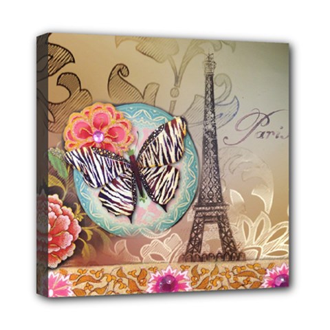 Fuschia Flowers Butterfly Eiffel Tower Vintage Paris Fashion Mini Canvas 8  X 8  (framed)