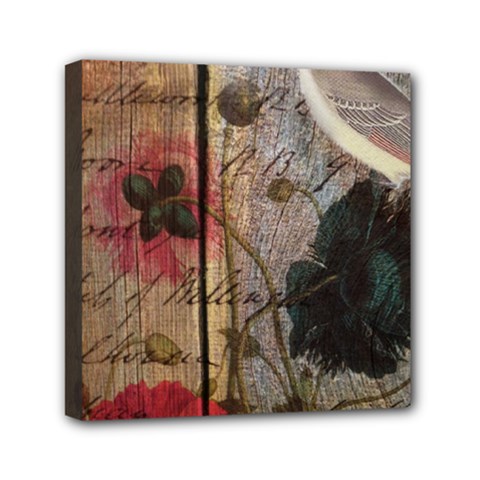 Vintage Bird Poppy Flower Botanical Art Mini Canvas 6  X 6  (framed)