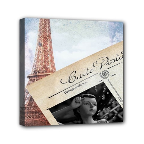 French Postcard Vintage Paris Eiffel Tower Mini Canvas 6  X 6  (framed)