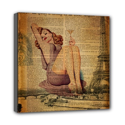 Vintage Newspaper Print Pin Up Girl Paris Eiffel Tower Mini Canvas 8  X 8  (framed) by chicelegantboutique