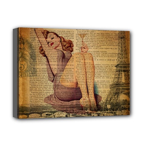 Vintage Newspaper Print Pin Up Girl Paris Eiffel Tower Deluxe Canvas 16  X 12  (framed)  by chicelegantboutique