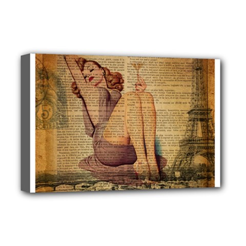 Vintage Newspaper Print Pin Up Girl Paris Eiffel Tower Deluxe Canvas 18  X 12  (framed) by chicelegantboutique