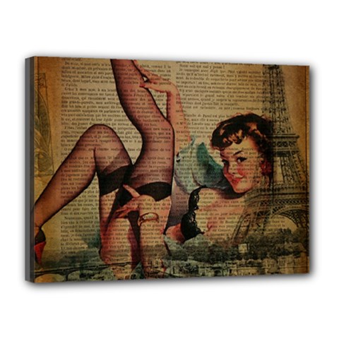 Vintage Newspaper Print Sexy Hot Pin Up Girl Paris Eiffel Tower Canvas 16  X 12  (framed) by chicelegantboutique