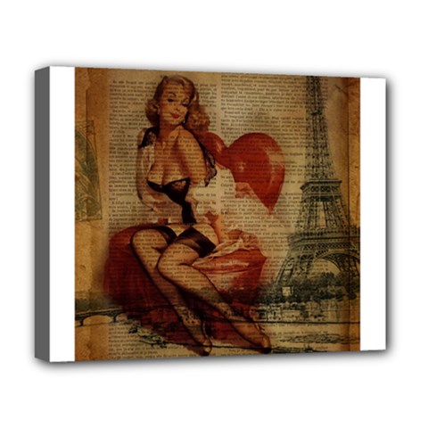 Vintage Newspaper Print Sexy Hot Gil Elvgren Pin Up Girl Paris Eiffel Tower Deluxe Canvas 20  X 16  (framed) by chicelegantboutique
