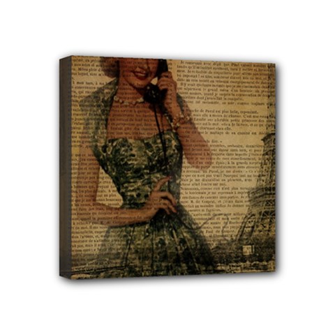 Retro Telephone Lady Vintage Newspaper Print Pin Up Girl Paris Eiffel Tower Mini Canvas 4  X 4  (framed) by chicelegantboutique
