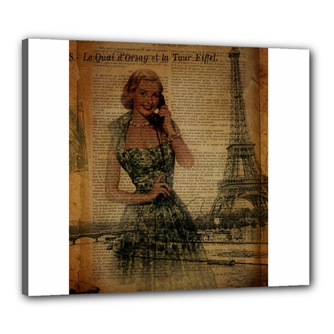 Retro Telephone Lady Vintage Newspaper Print Pin Up Girl Paris Eiffel Tower Canvas 24  X 20  (framed) by chicelegantboutique
