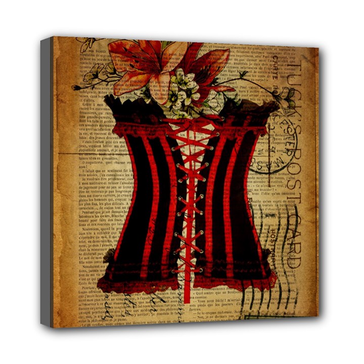 Black Red Corset Vintage Lily Floral Shabby Chic French Art Mini Canvas 8  x 8  (Framed)