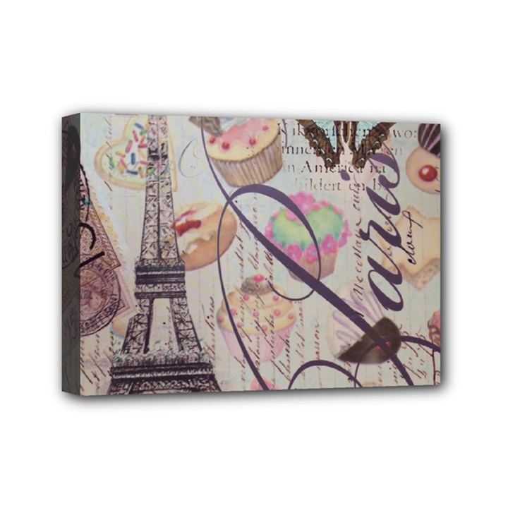 French Pastry Vintage Scripts Floral Scripts Butterfly Eiffel Tower Vintage Paris Fashion Mini Canvas 7  x 5  (Framed)