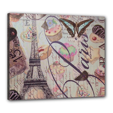 French Pastry Vintage Scripts Floral Scripts Butterfly Eiffel Tower Vintage Paris Fashion Canvas 24  X 20  (framed) by chicelegantboutique