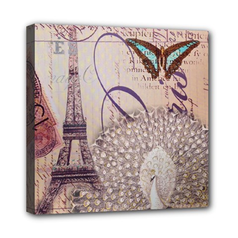 White Peacock Paris Eiffel Tower Vintage Bird Butterfly French Botanical Art Mini Canvas 8  X 8  (framed) by chicelegantboutique