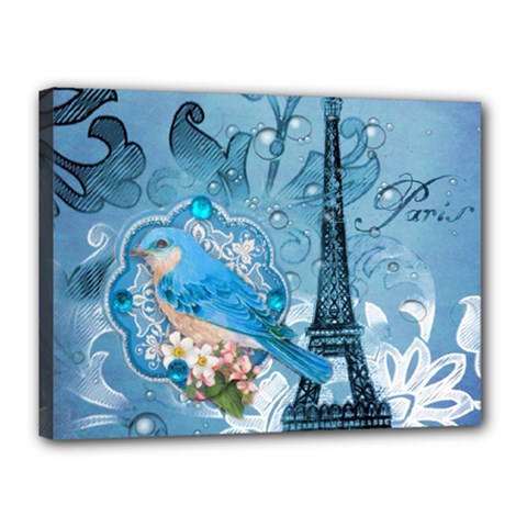 Girly Blue Bird Vintage Damask Floral Paris Eiffel Tower Canvas 16  X 12  (framed) by chicelegantboutique