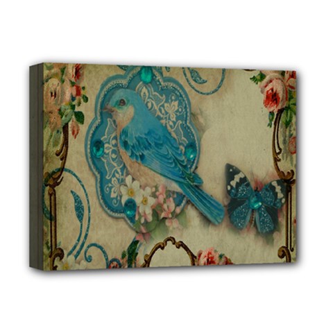 Victorian Girly Blue Bird Vintage Damask Floral Paris Eiffel Tower Deluxe Canvas 16  X 12  (framed)  by chicelegantboutique