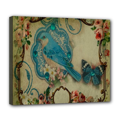 Victorian Girly Blue Bird Vintage Damask Floral Paris Eiffel Tower Deluxe Canvas 24  X 20  (framed) by chicelegantboutique