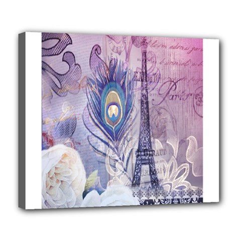 Peacock Feather White Rose Paris Eiffel Tower Deluxe Canvas 24  X 20  (framed) by chicelegantboutique