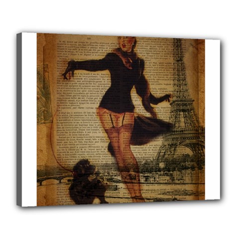 Paris Lady And French Poodle Vintage Newspaper Print Sexy Hot Gil Elvgren Pin Up Girl Paris Eiffel T Canvas 20  X 16  (framed) by chicelegantboutique