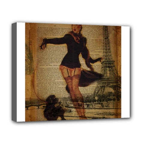 Paris Lady And French Poodle Vintage Newspaper Print Sexy Hot Gil Elvgren Pin Up Girl Paris Eiffel T Deluxe Canvas 20  X 16  (framed) by chicelegantboutique