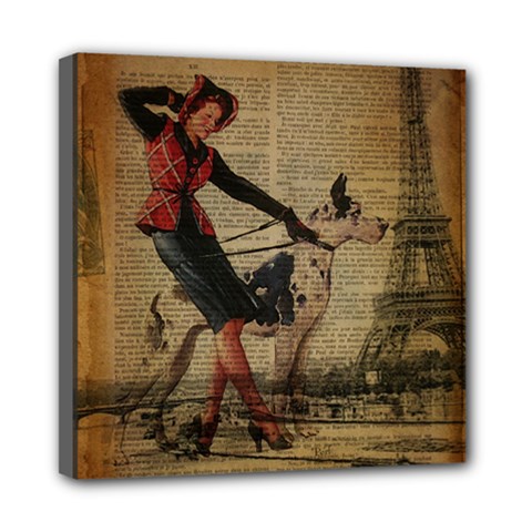 Paris Girl And Great Dane Vintage Newspaper Print Sexy Hot Gil Elvgren Pin Up Girl Paris Eiffel Towe Mini Canvas 8  X 8  (framed) by chicelegantboutique