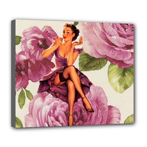 Cute Purple Dress Pin Up Girl Pink Rose Floral Art Deluxe Canvas 24  X 20  (framed) by chicelegantboutique