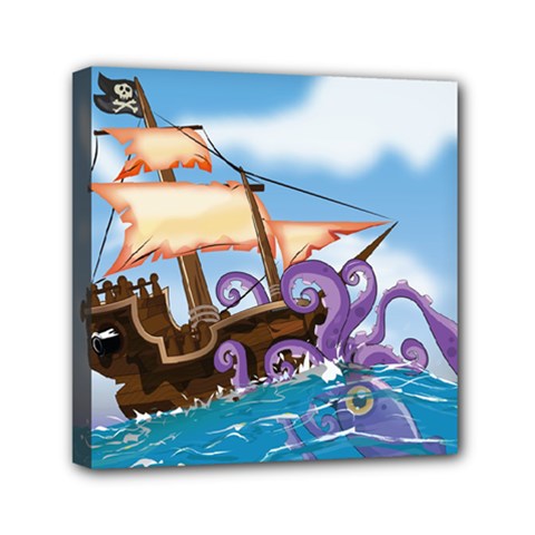 Pirate Ship Attacked By Giant Squid Cartoon  Mini Canvas 6  X 6  (framed)