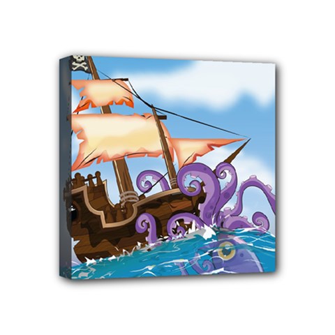 Pirate Ship Attacked By Giant Squid Cartoon  Mini Canvas 4  X 4  (framed) by NickGreenaway