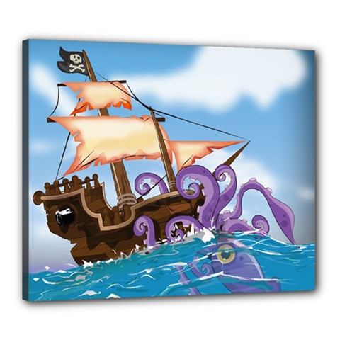 Pirate Ship Attacked By Giant Squid Cartoon  Canvas 24  X 20  (framed) by NickGreenaway