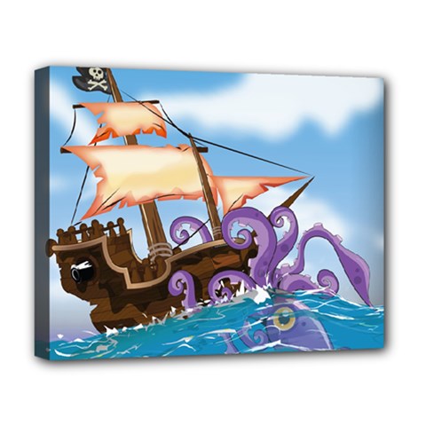 Pirate Ship Attacked By Giant Squid Cartoon  Deluxe Canvas 20  X 16  (framed) by NickGreenaway