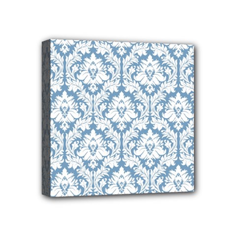 White On Light Blue Damask Mini Canvas 4  X 4  (framed) by Zandiepants