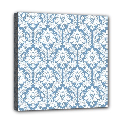 White On Light Blue Damask Mini Canvas 8  X 8  (framed) by Zandiepants