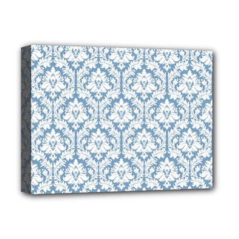 White On Light Blue Damask Deluxe Canvas 16  X 12  (framed) 