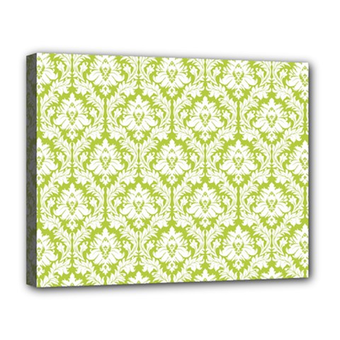 White On Spring Green Damask Canvas 14  x 11  (Framed)