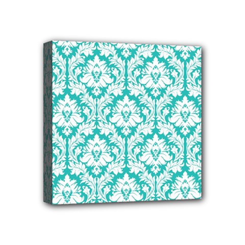 White On Turquoise Damask Mini Canvas 4  X 4  (framed) by Zandiepants