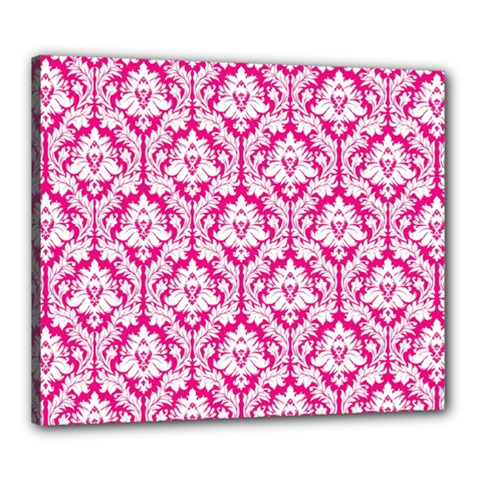 White On Hot Pink Damask Canvas 24  X 20  (framed) by Zandiepants