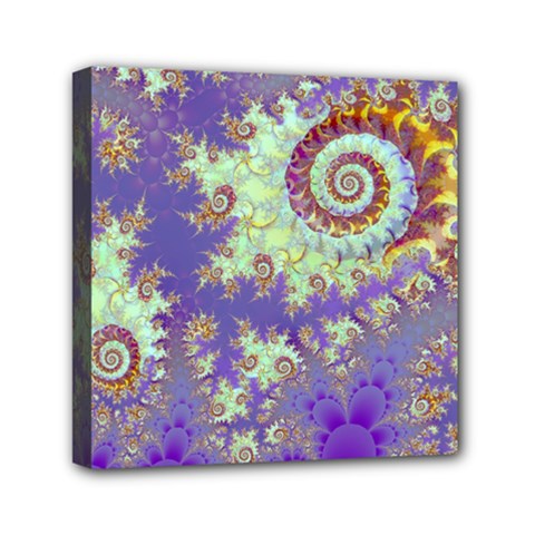 Sea Shell Spiral, Abstract Violet Cyan Stars Mini Canvas 6  X 6  (framed) by DianeClancy