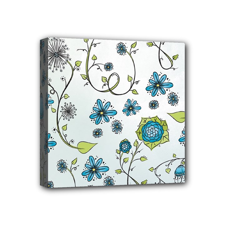 Blue Whimsical Flowers  on blue Mini Canvas 4  x 4  (Framed)