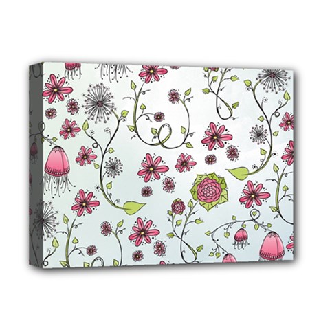 Pink Whimsical Flowers On Blue Deluxe Canvas 16  X 12  (framed)  by Zandiepants