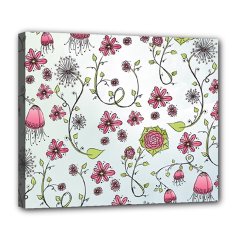 Pink Whimsical Flowers On Blue Deluxe Canvas 24  X 20  (framed) by Zandiepants