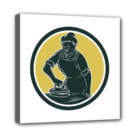 African American Woman Ironing Clothes Woodcut Mini Canvas 8  X 8  (framed) by retrovectors