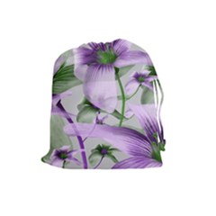 Lilies Collage Art In Green And Violet Colors Drawstring Pouch (large) by dflcprints