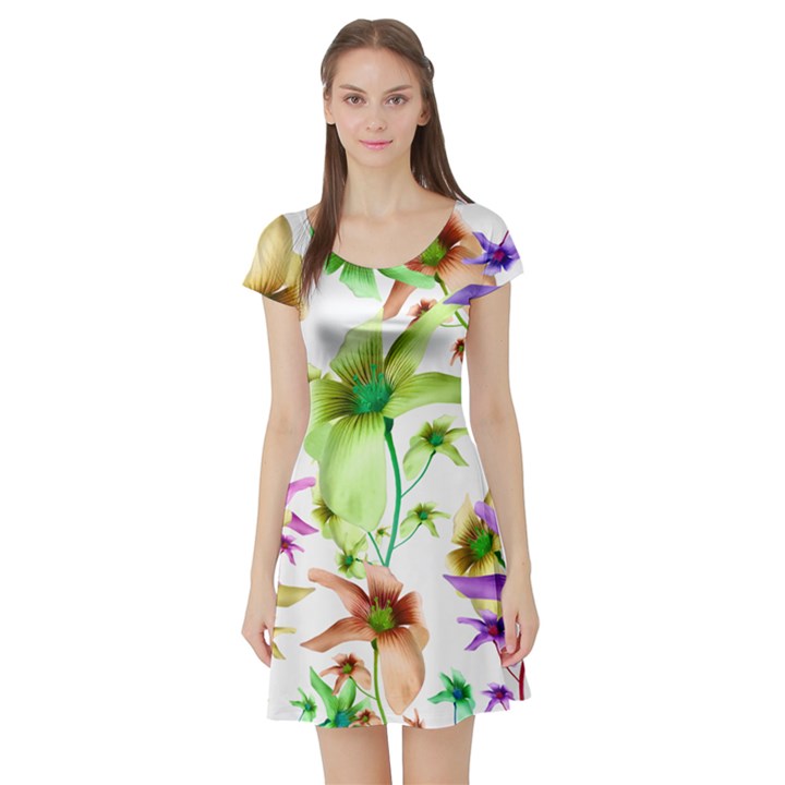 Multicolored Floral Print Pattern Short Sleeved Skater Dress