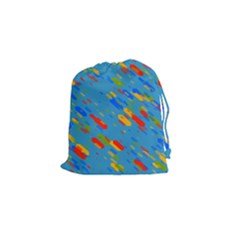 Colorful Shapes On A Blue Background Drawstring Pouch (small) by LalyLauraFLM