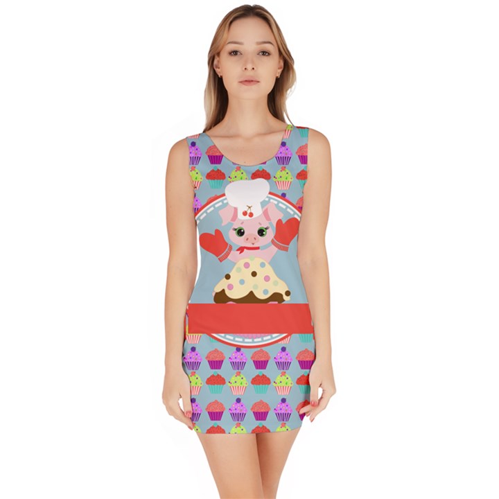 Cupcake with Cute Pig Chef Bodycon Dress