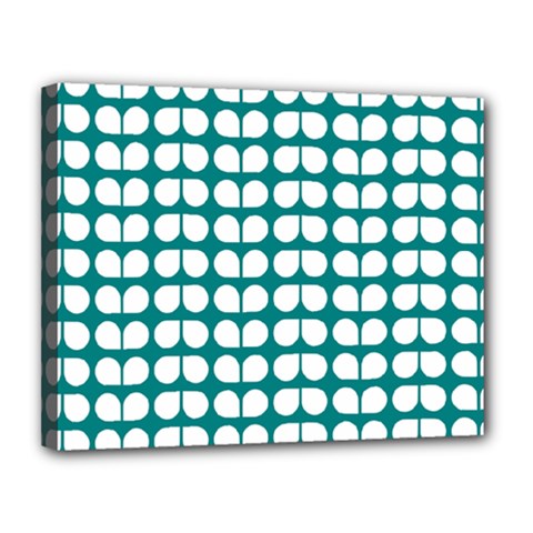 Teal And White Leaf Pattern Canvas 14  X 11  (framed)