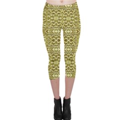 Golden Geometric Floral Print Capri Leggings  by dflcprintsclothing