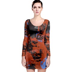 Orange Blue Black Texture Long Sleeve Bodycon Dress