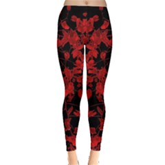Dark Red Floral Print Leggings  by dflcprintsclothing