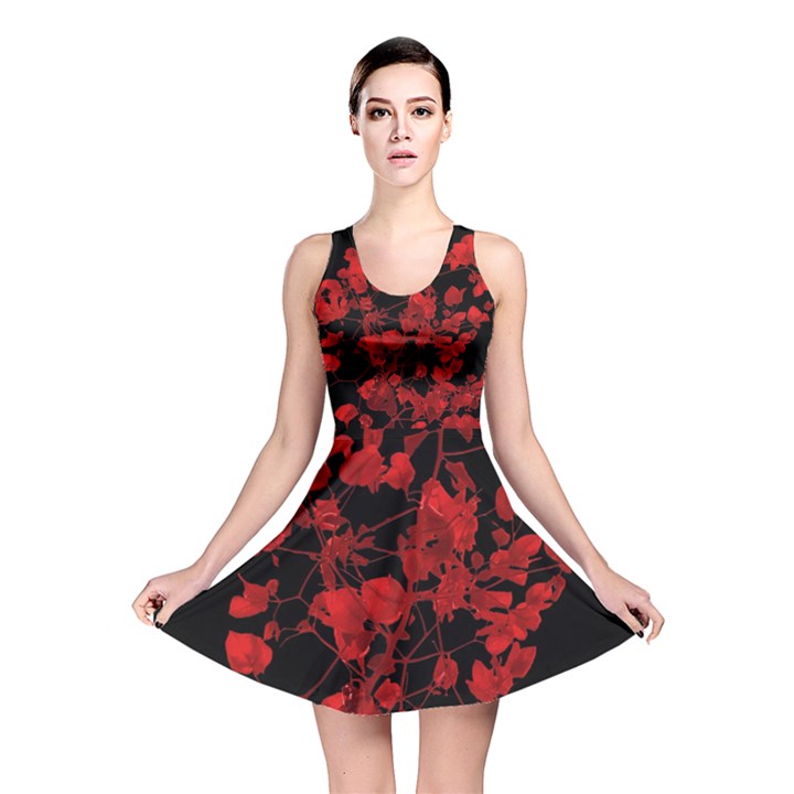 Dark Red Floral Print Reversible Skater Dress